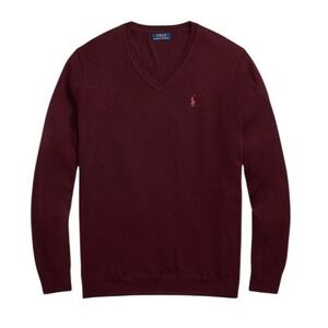 Polo Ralph Lauren Mens V-Neck Sweater Washable Merino Wool Burgundy Size M‎ New